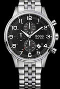  Shop Authentic Hugo Boss Aeroliner Chronograph Quartz Black Dial Silver Steel Strap Watch For Men - HB1512446 - Luxxuri
