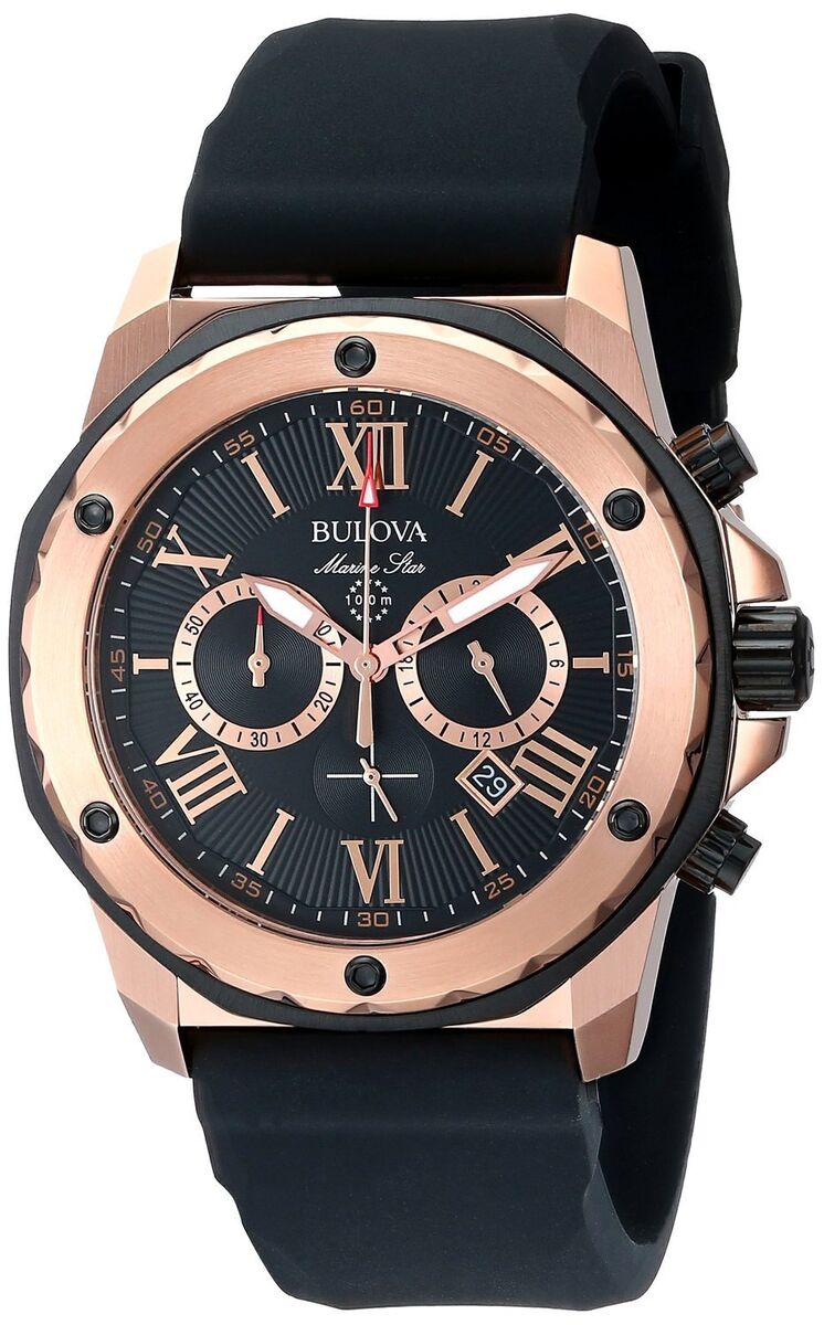  Shop Authentic Bulova Marine Star Chronograph Black Dial Black Rubber Strap Watch for Men - 98B104 - Luxxuri