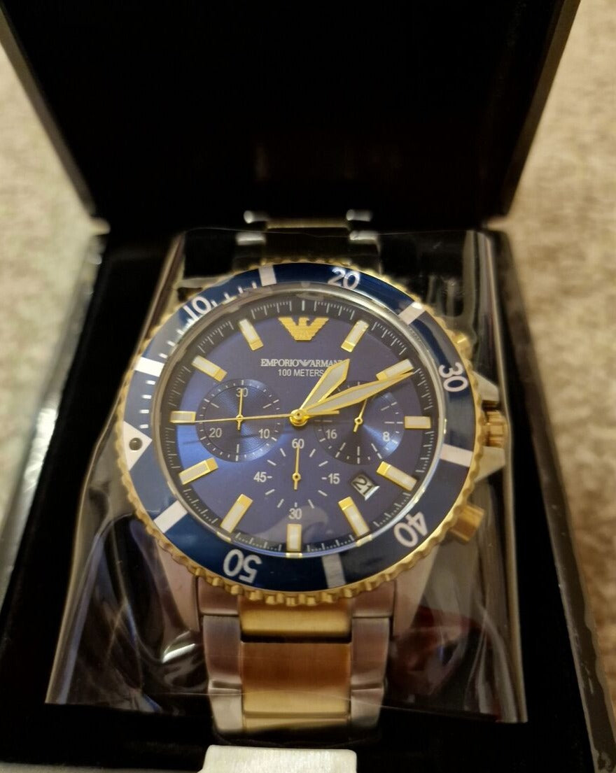  Shop Authentic Emporio Armani Mario Chronograph Blue Dial Two Tone Steel Strap Watch For Men - AR11362 - Luxxuri