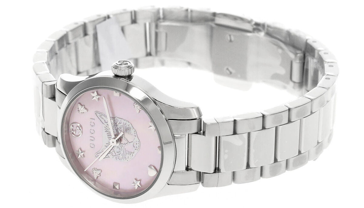  Shop Authentic Gucci G Timeless Quartz Mother of Pearl Pink Dial Silver Steel Strap Watch For Women - YA1265013 - Luxxuri