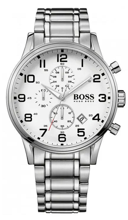  Shop Authentic Hugo Boss Aeroliner Chronograph Quartz White Dial Silver Steel Strap Watch For Men - HB1512445 - Luxxuri