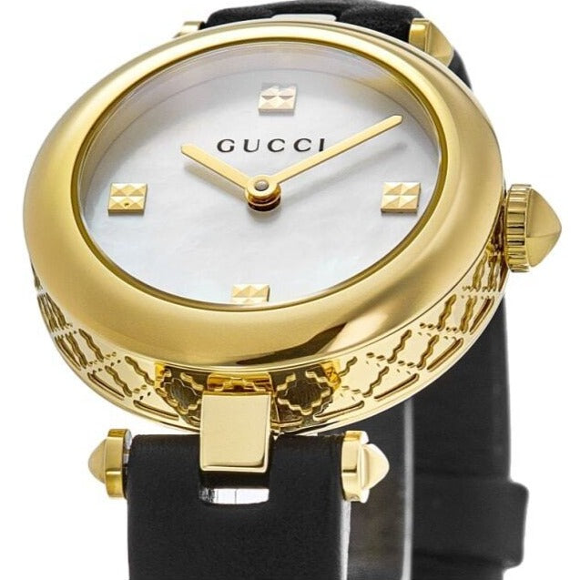  Shop Authentic Gucci Diamantissima Mother of Pearl Dial Black Leather Strap Watch For Women - YA141505 - Luxxuri