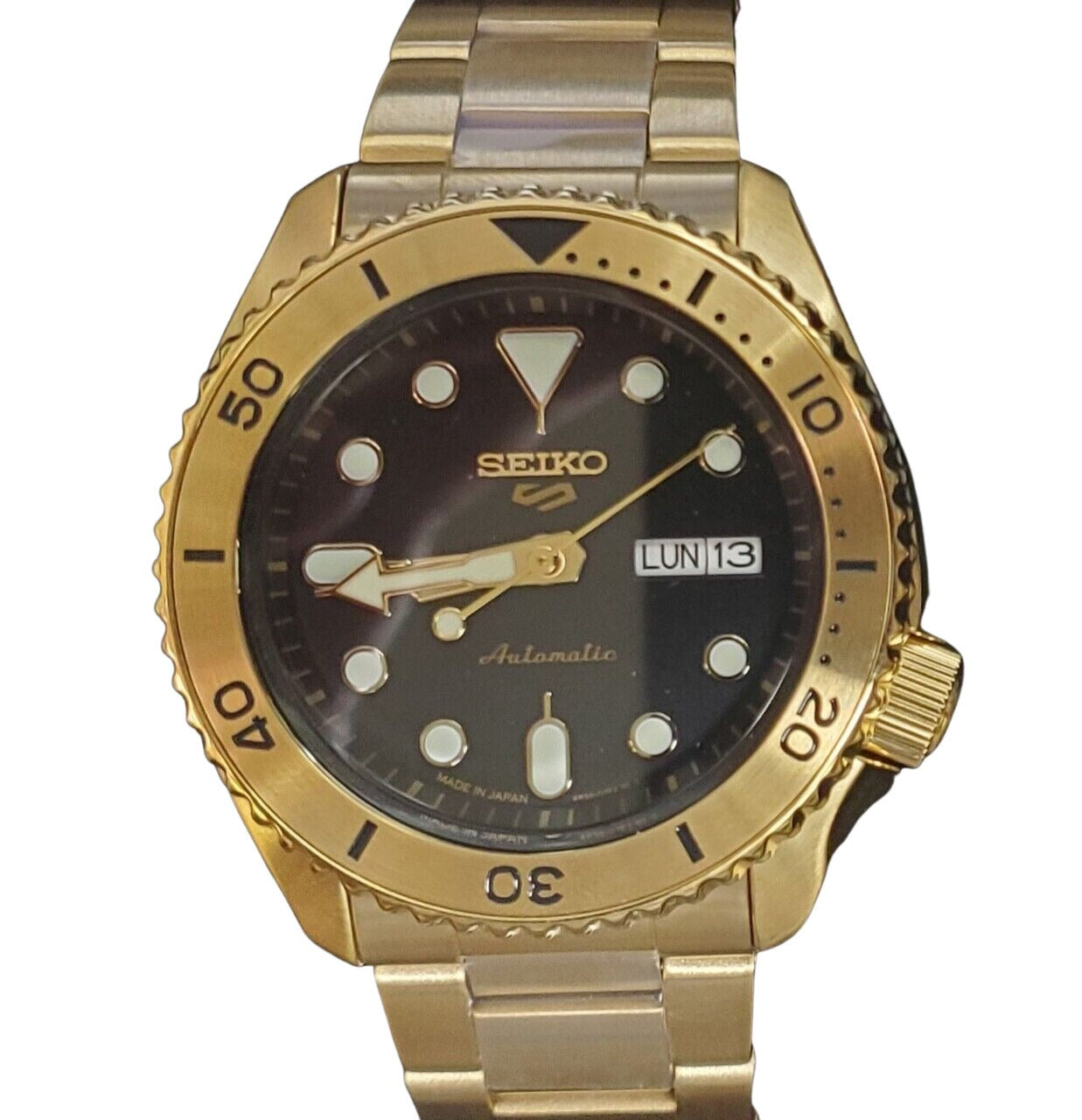  Shop Authentic Seiko 5 Sports Automatic Black Dial Gold Steel Strap Watch For Men - SRPK18 - Luxxuri