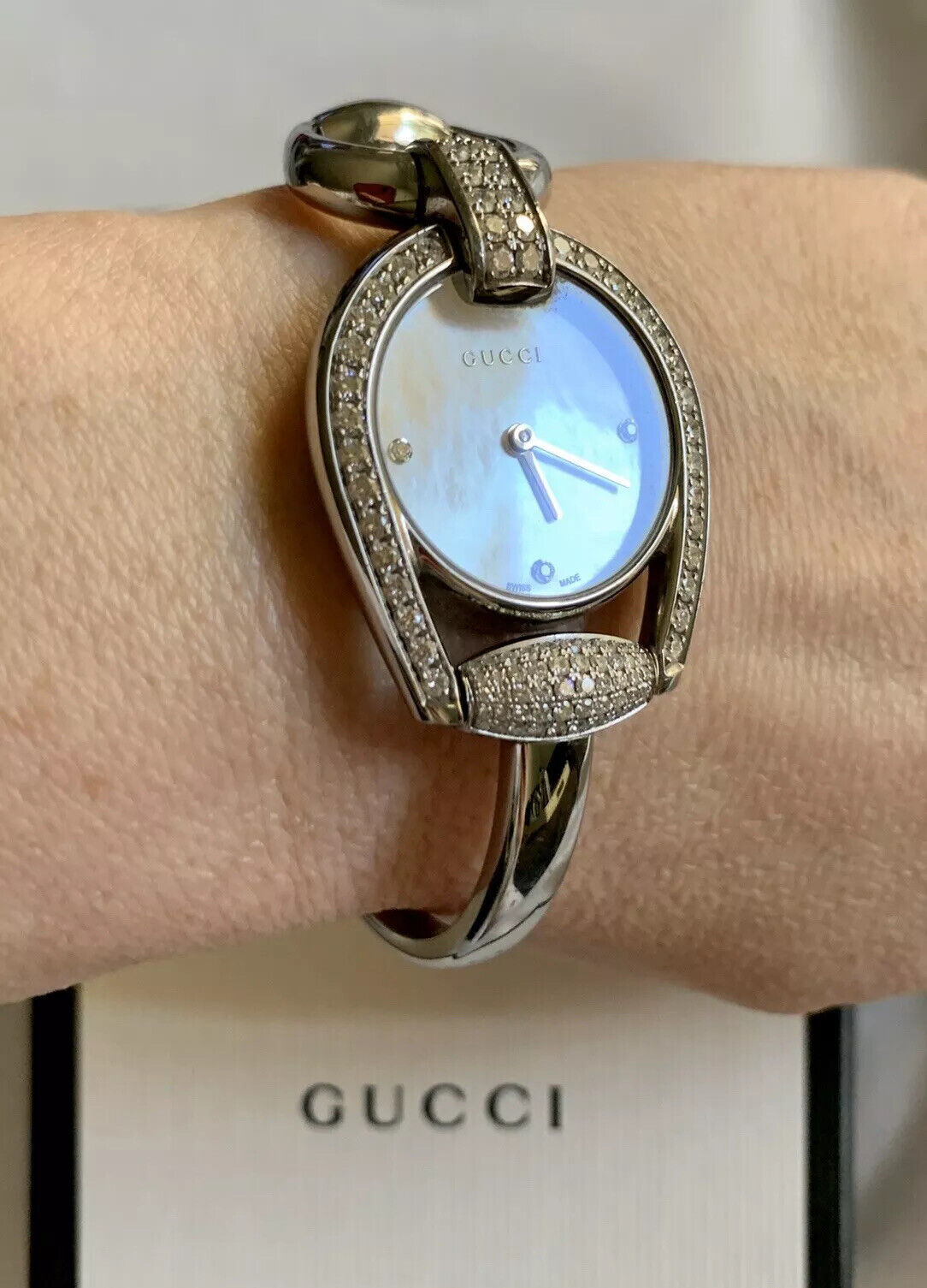  Shop Authentic Gucci Horsebit Collection Diamonds Mother of Pearl Dial Silver Steel Strap Watch For Women - YA139505 - Luxxuri