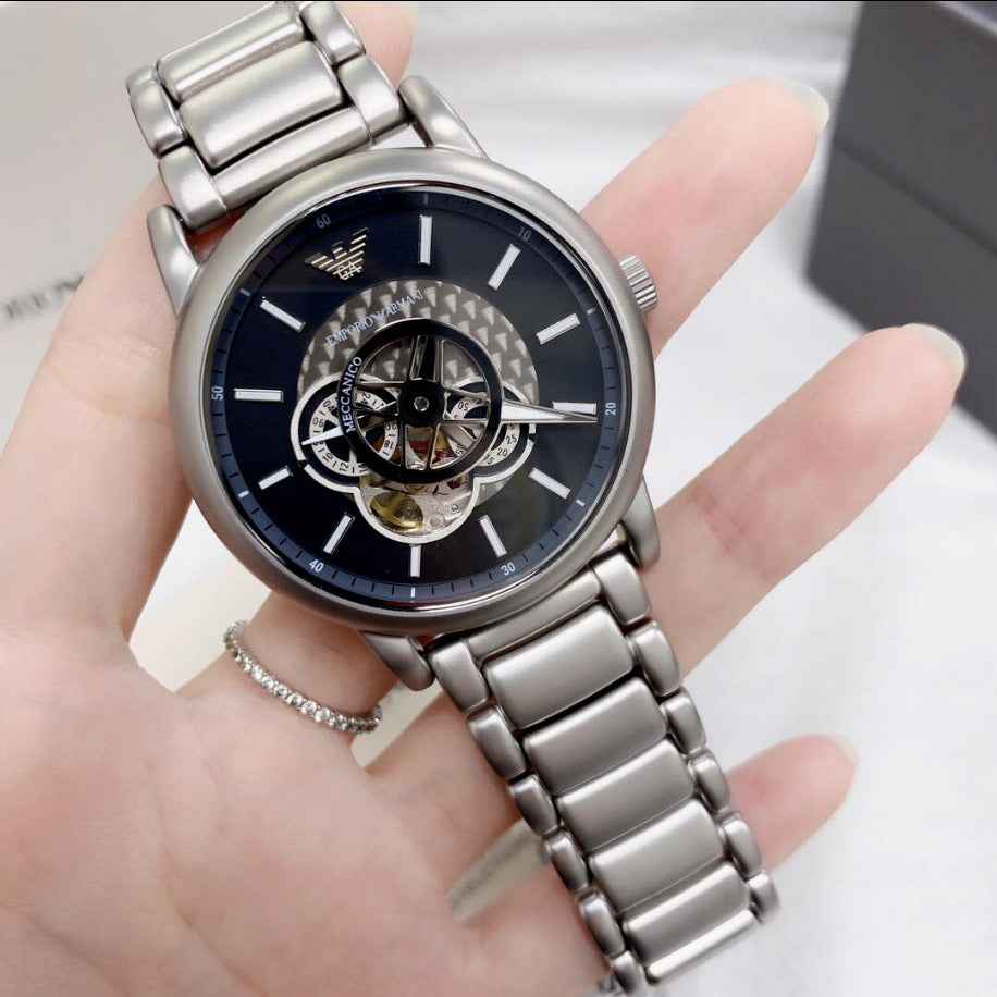  Shop Authentic Emporio Armani Meccanico Automatic Skeleton Black Dial Silver Steel Strap Watch For Men - AR60021 - Luxxuri