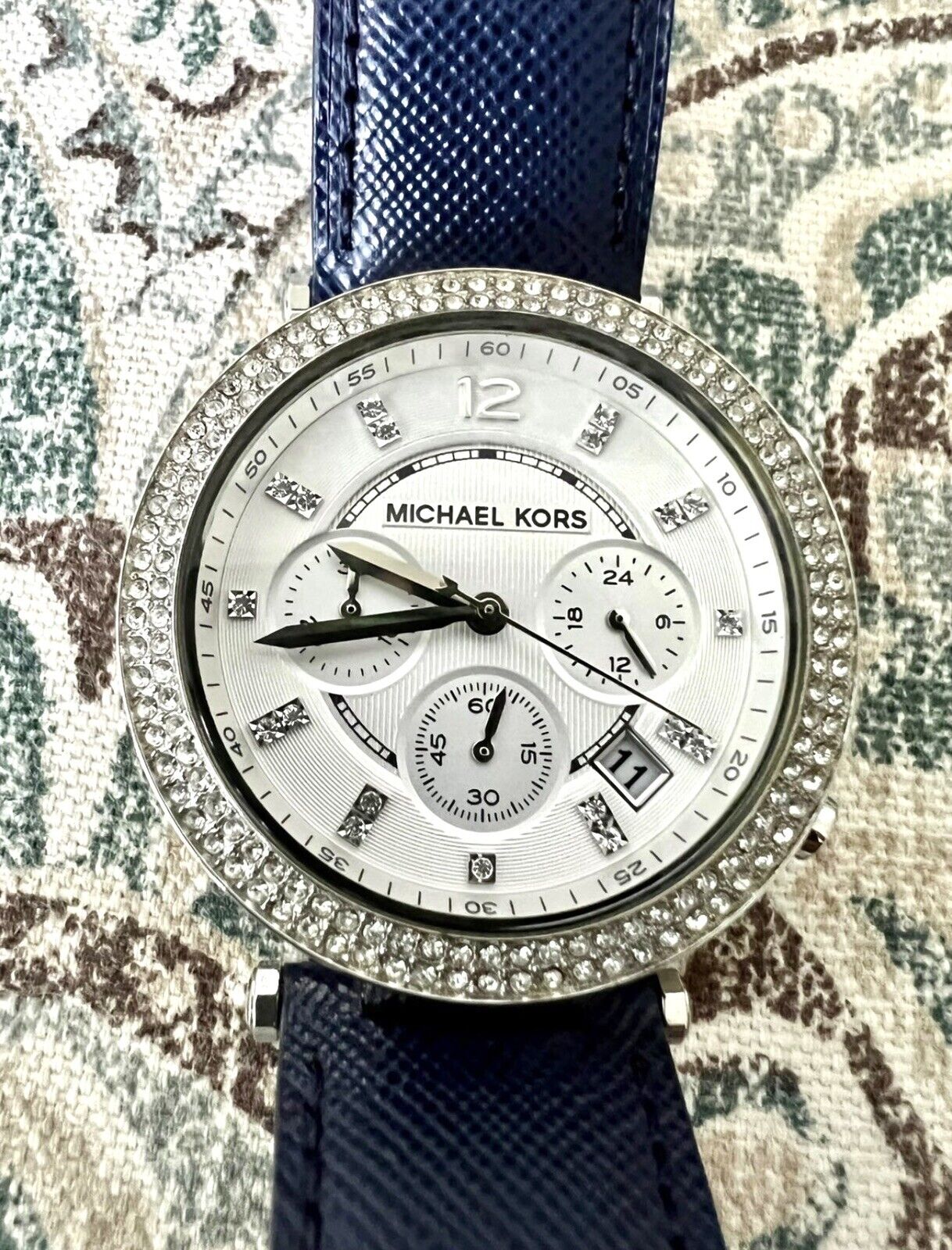 Michael Kors Parker White Dial Navy Blue Leather Strap Watch for Women - MK2293
