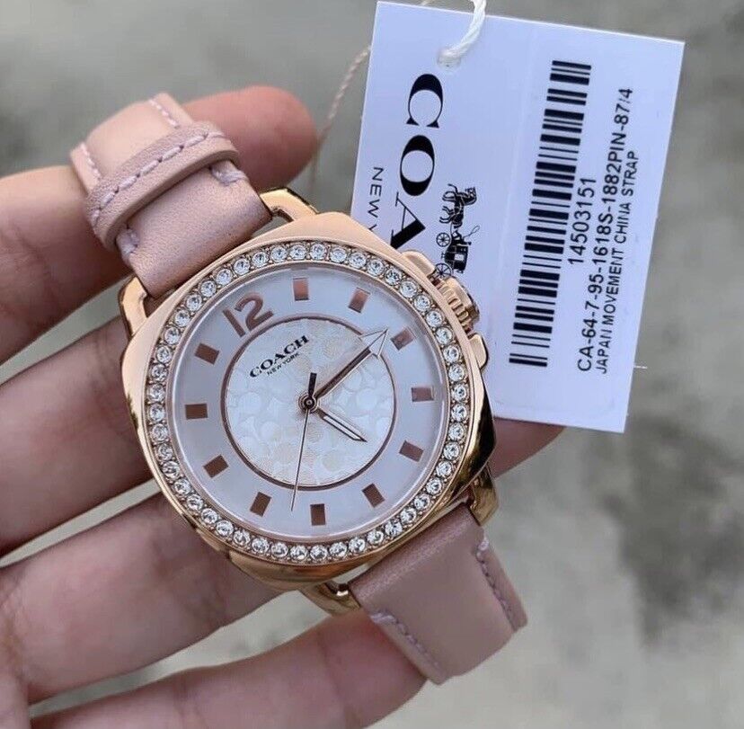 Coach Boyfriend Mother of Pearl White Dial Pink Leather Strap Watch for Women - 14503151