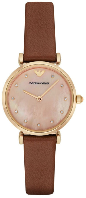  Shop Authentic Emporio Armani Gianni T Bar Quartz Pink Mother of Pearl Dial Brown Leather Strap Watch For Women - AR1960 - Luxxuri