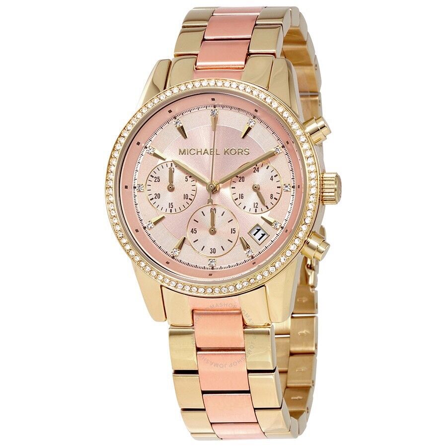  Shop Authentic Michael Kors Ritz Chronograph Rose Dial Two Tone Steel Strap Watch for Women - MK6475 - Luxxuri