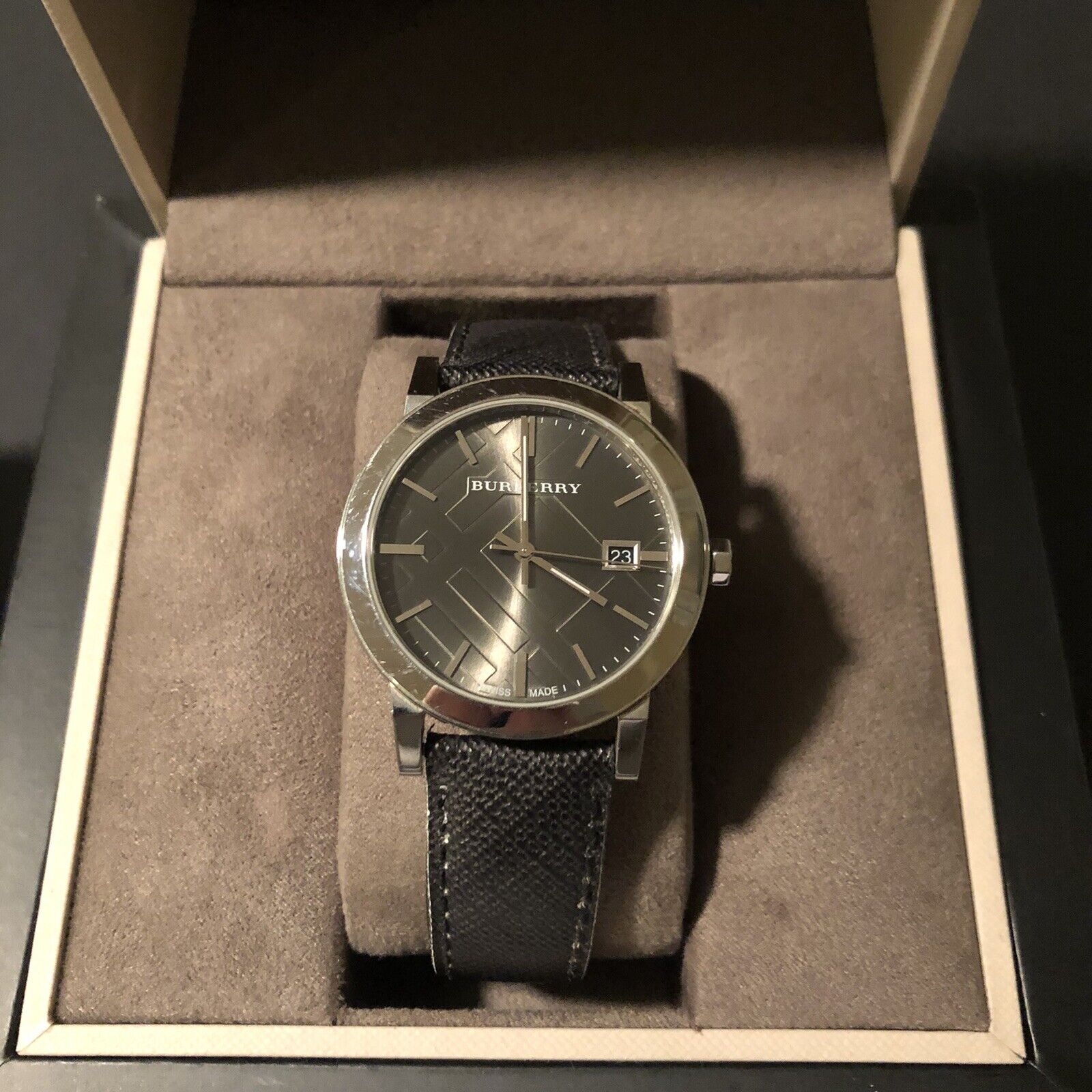 Burberry The City Grey Dial Black Leather Strap Watch for Men - BU9030