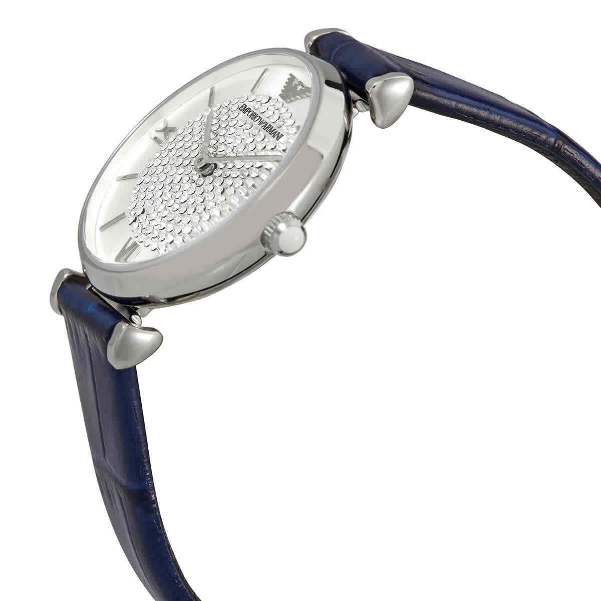  Shop Authentic Emporio Armani Gianni T Bar Quartz Crystals Silver Dial Blue Leather Strap Watch For Women - AR11344 - Luxxuri