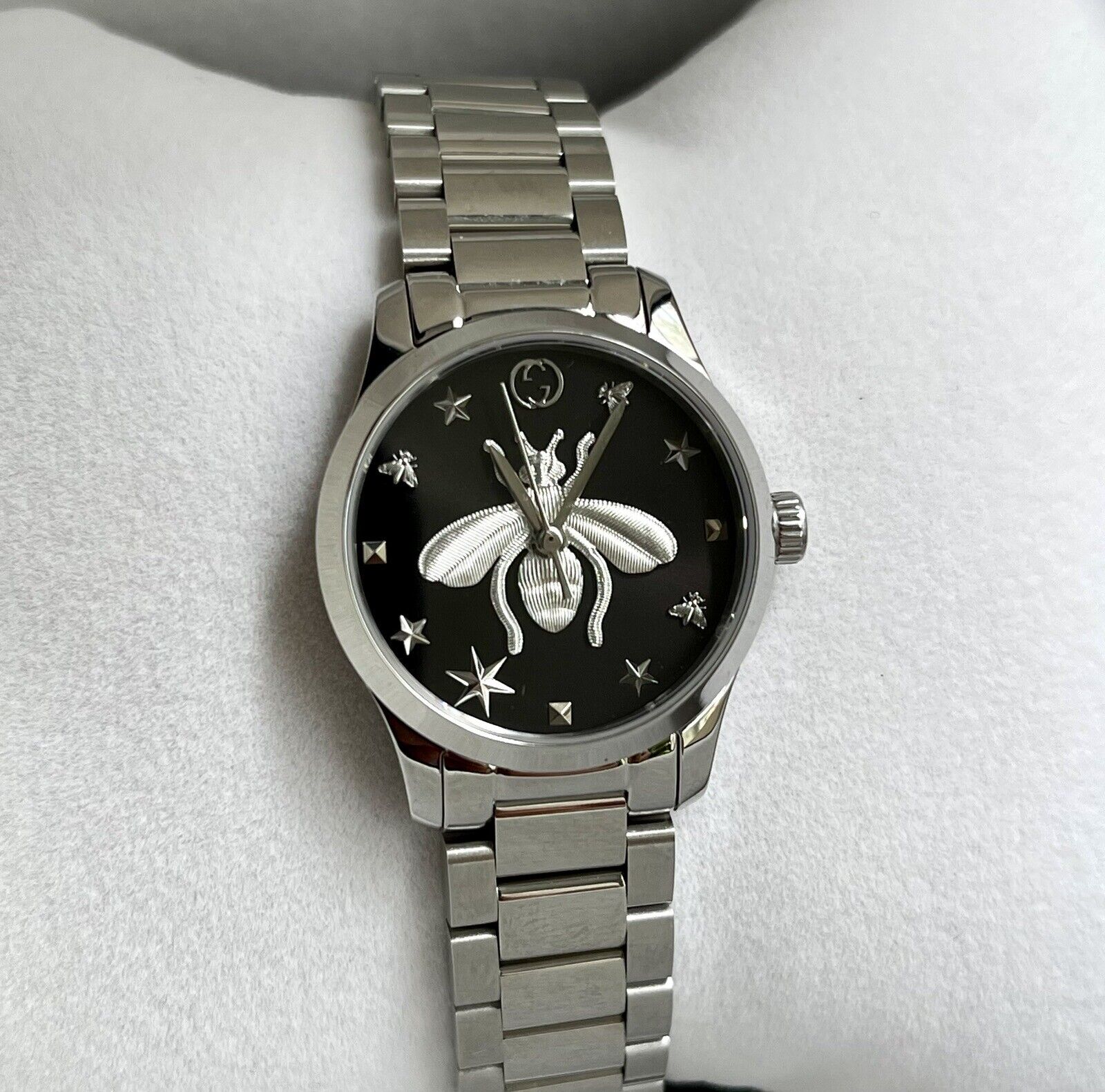  Shop Authentic Gucci G Timeless Quartz Diamonds Black Dial Silver Steel Strap Watch For Women - YA1265024 - Luxxuri