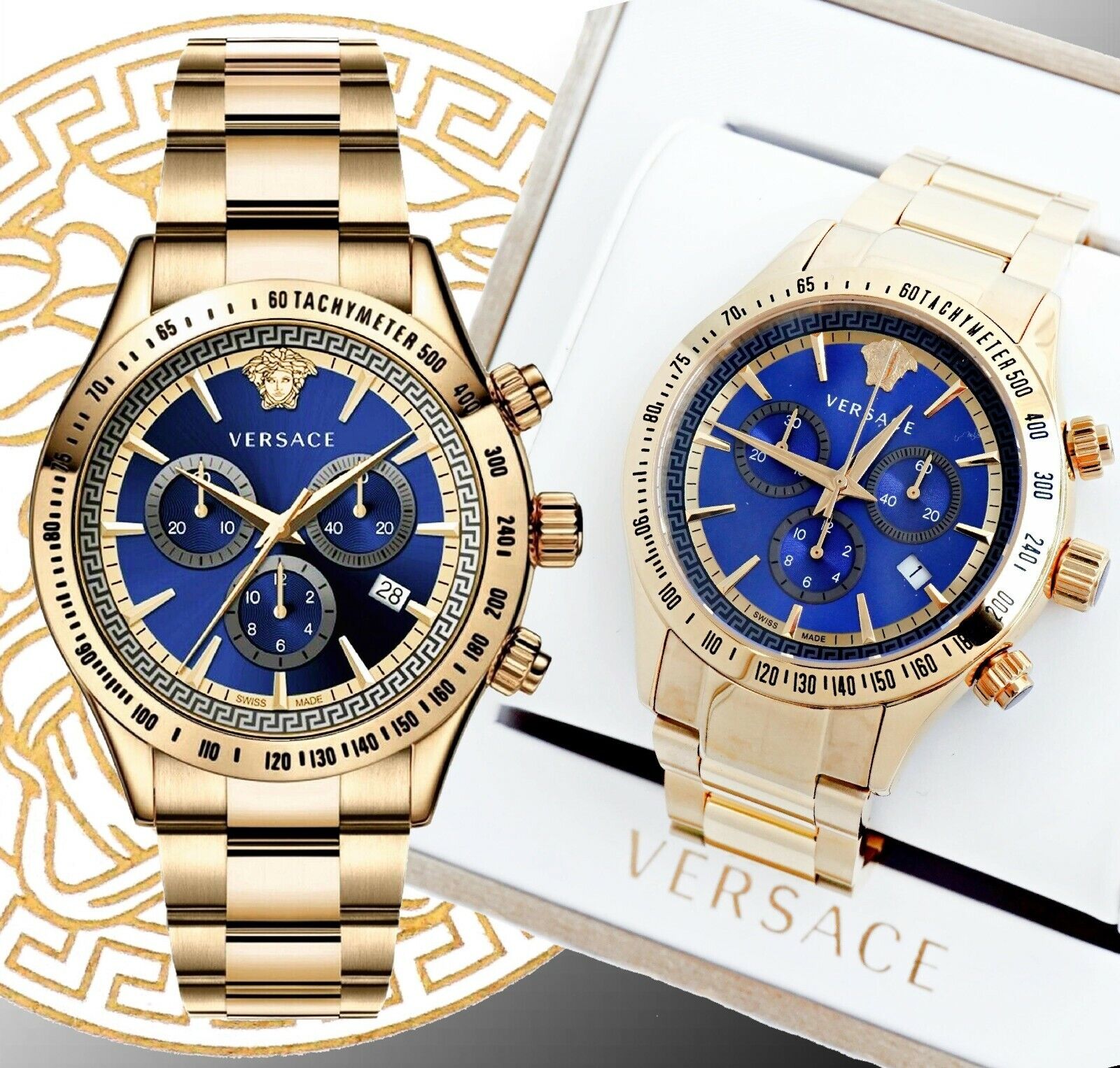  Shop Authentic Versace Classic Chronograph Quartz Blue Dial Gold Steel Strap Watch For Men - VEV700619 - Luxxuri