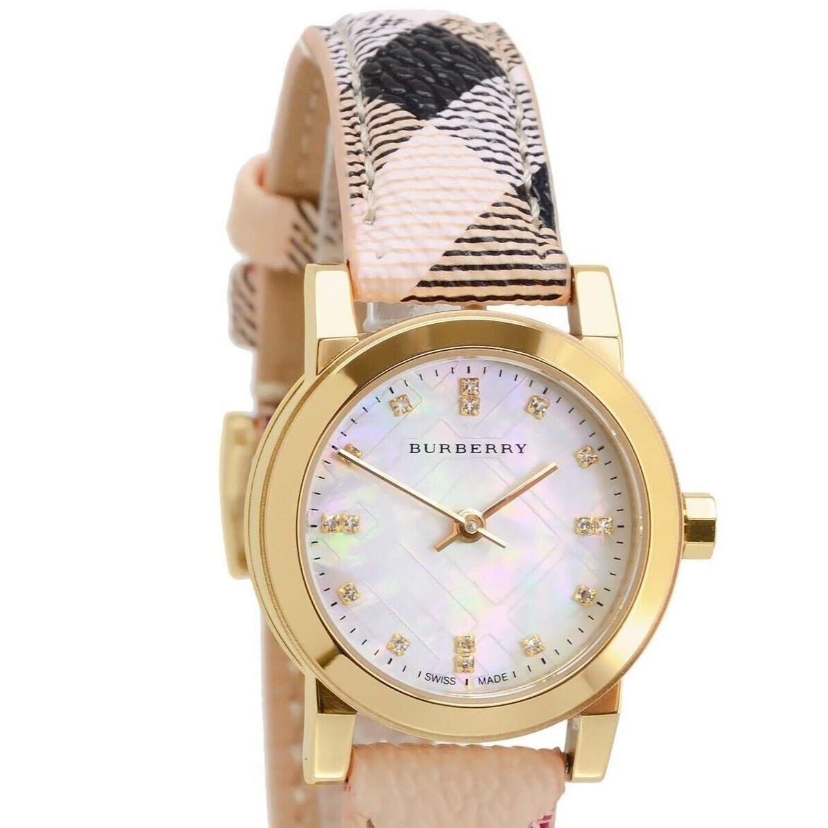  Shop Authentic Burberry The City Diamonds Mother of Pearl Dial Brown Leather Strap Watch for Women - BU9226 - Luxxuri