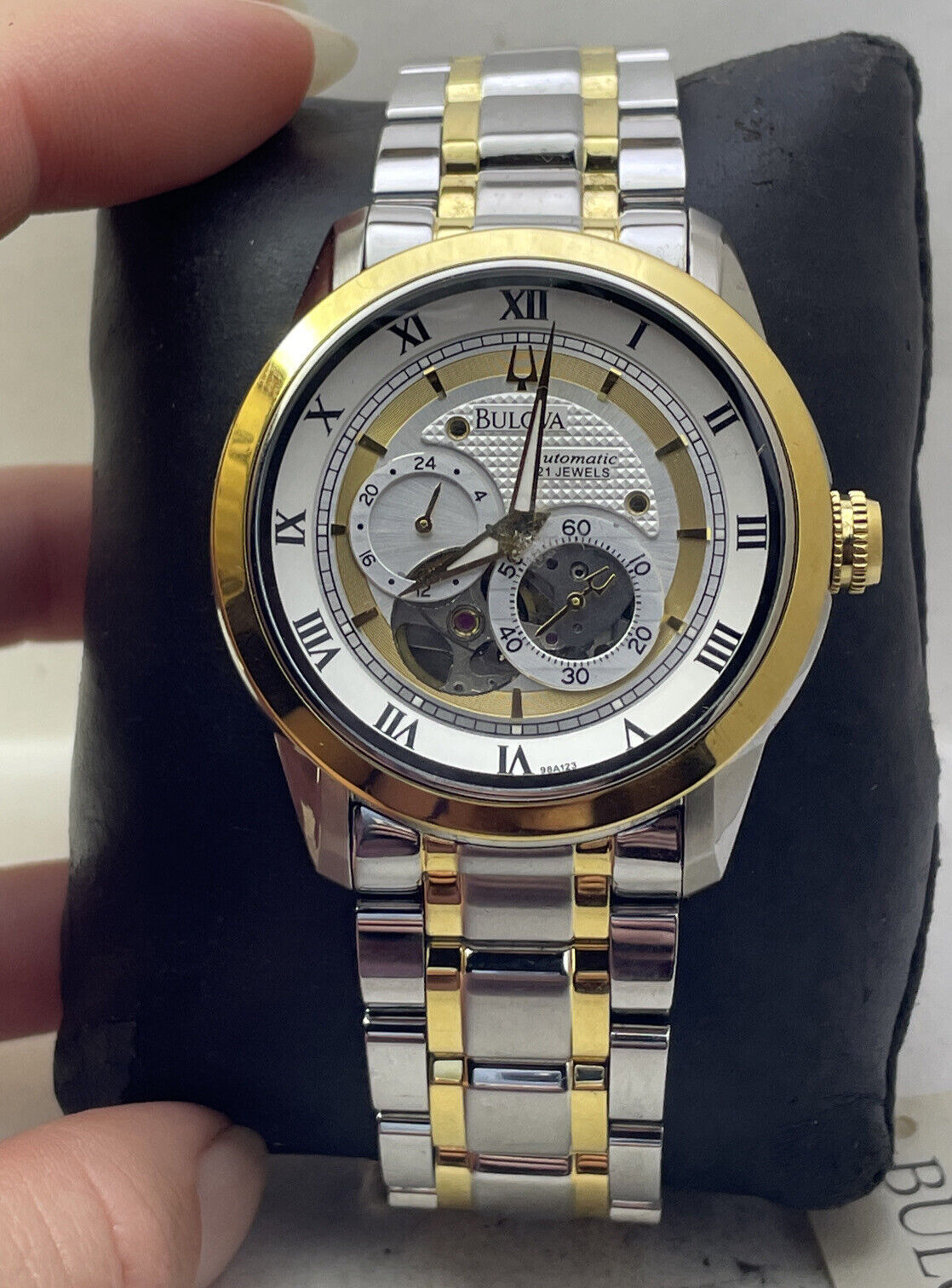 Bulova BVA Skeleton Silver Dial Two Tone Steel Strap Watch for Men - 98A123