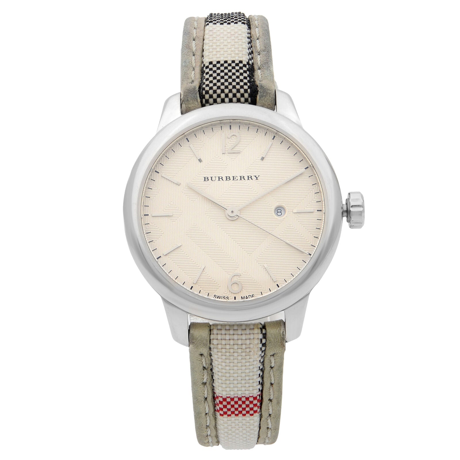  Shop Authentic Burberry The Classic Guilloche Silver Dial Grey Leather Strap Watch for Women - BU10113 - Luxxuri