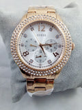  Shop Authentic Guess Bedazzle Diamonds Silver Dial Rose Gold Steel Strap Watch For Women - W1097L3 - Luxxuri