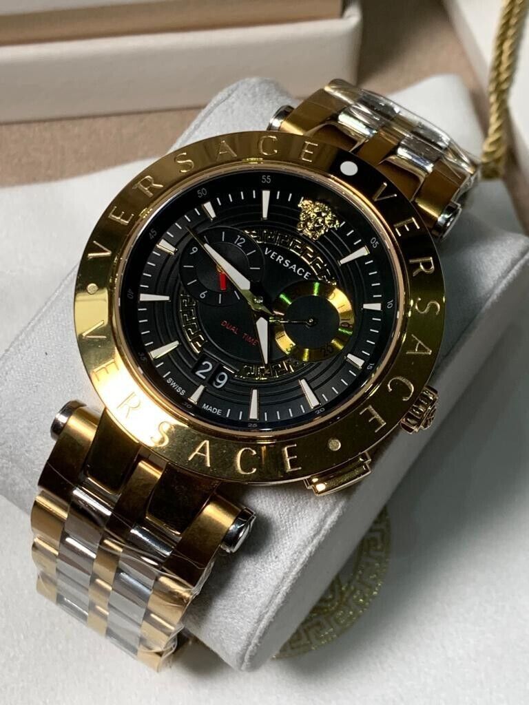  Shop Authentic Versace V-Race Quartz Black Dial Gold Steel Strap Watch For Men - VEBV00519 - Luxxuri
