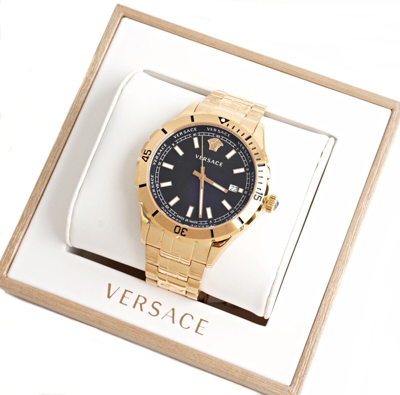  Shop Authentic Versace Hellenyium Quartz Black Dial Gold Steel Strap Watch For Men - VE3A00820 - Luxxuri