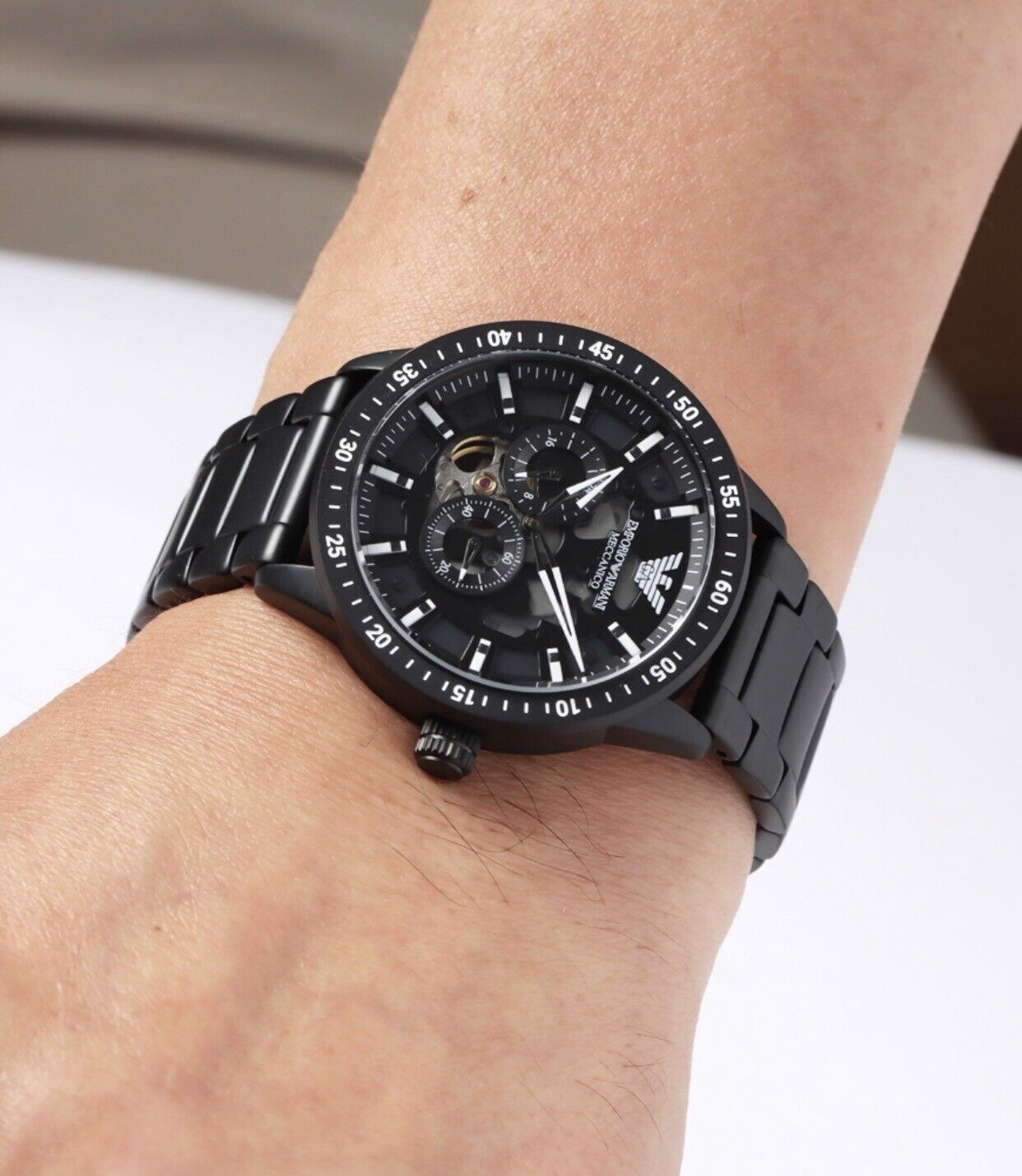  Shop Authentic Emporio Armani Meccanico Automatic Black Dial Black Steel Strap Watch For Men - AR60054 - Luxxuri