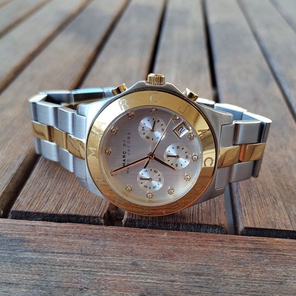  Shop Authentic Marc Jacobs Blade Chronograph Silver Dial Two Tone Steel Strap Watch for Women - MBM3177 - Luxxuri