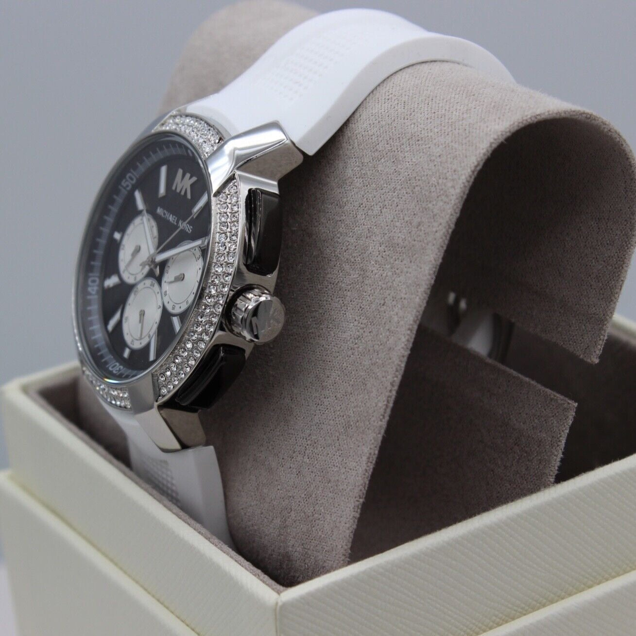  Shop Authentic Michael Kors Sidney Multifunction Black Dial White Silicone Strap Watch For Women - MK6947 - Luxxuri