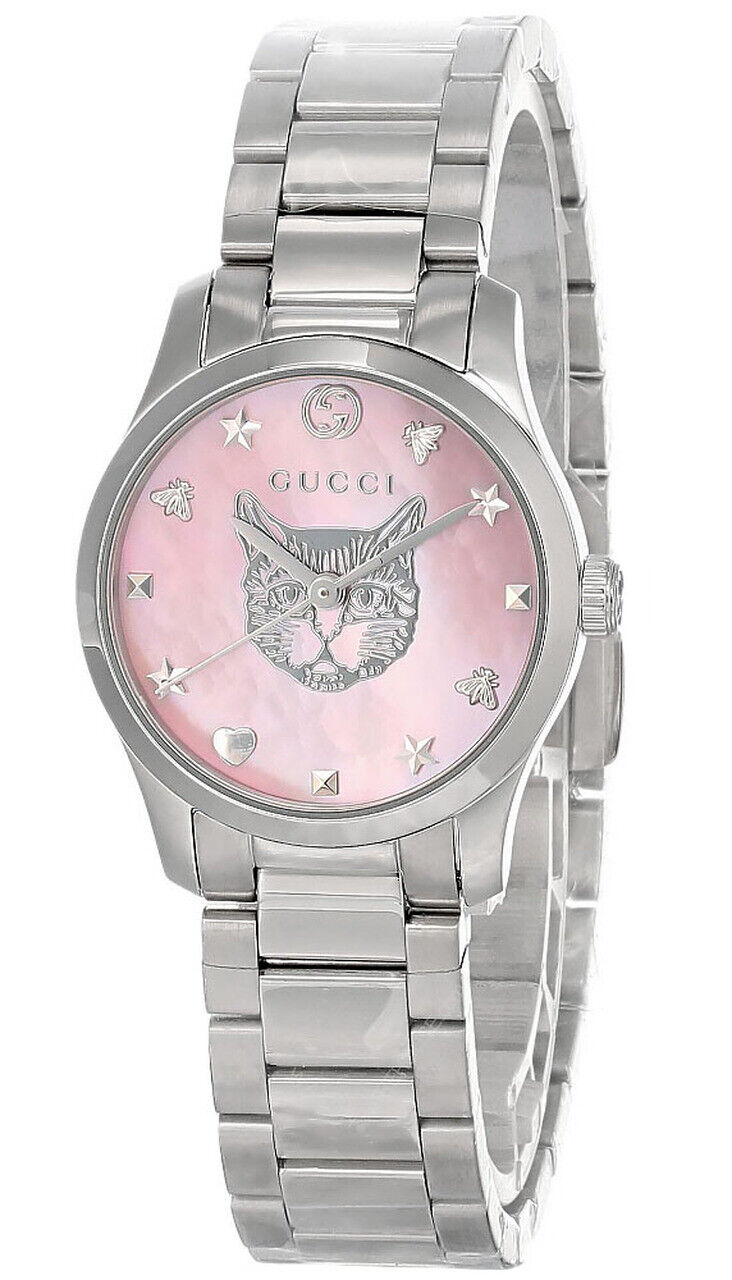  Shop Authentic Gucci G Timeless Quartz Mother of Pearl Pink Dial Silver Steel Strap Watch For Women - YA1265013 - Luxxuri
