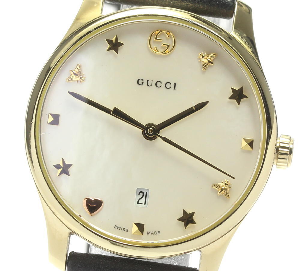  Shop Authentic Gucci G-Timeless Mother of Pearl Dial Black Leather Strap Watch For Women - YA126589 - Luxxuri