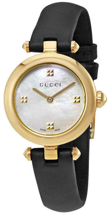  Shop Authentic Gucci Diamantissima Mother of Pearl Dial Black Leather Strap Watch For Women - YA141505 - Luxxuri
