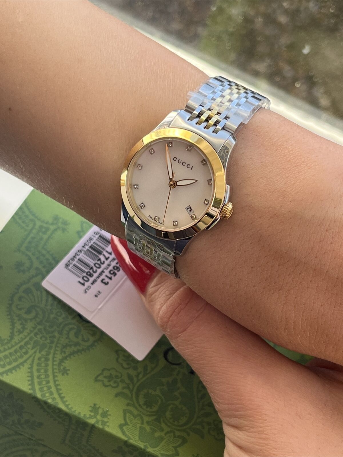  Shop Authentic Gucci G Timeless Diamonds Mother of Pearl Dial Two Tone Mesh Bracelet Watch for Women - YA126513 - Luxxuri