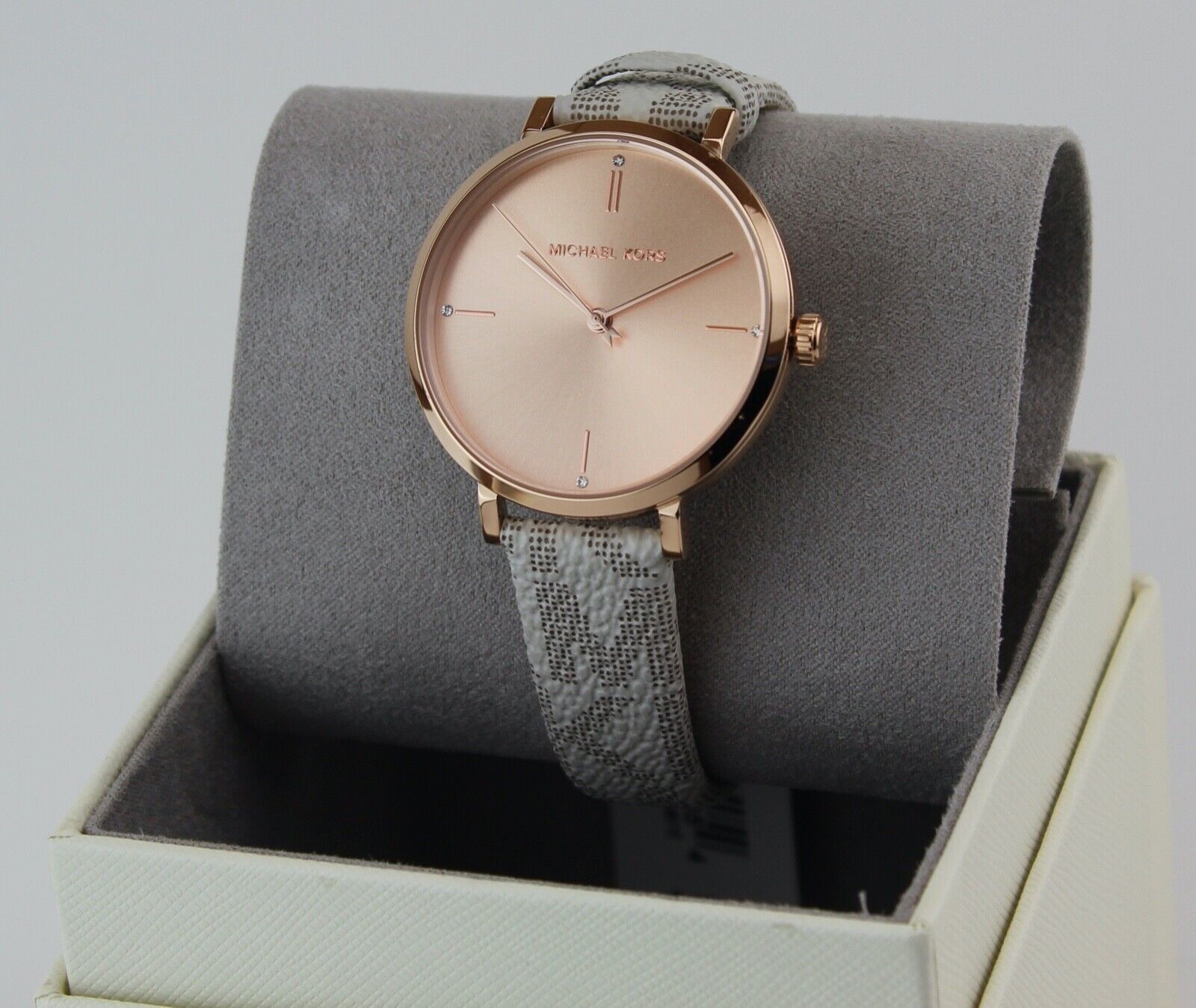  Shop Authentic Michael Kors Jayne Three Hand Rose Gold Dial White Leather Strap Watch For Women - MK7128 - Luxxuri