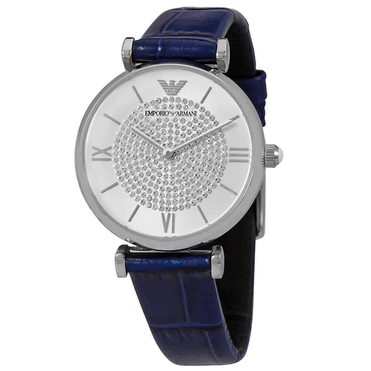  Shop Authentic Emporio Armani Gianni T Bar Quartz Crystals Silver Dial Blue Leather Strap Watch For Women - AR11344 - Luxxuri