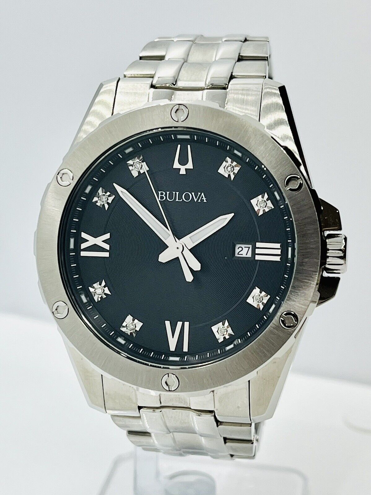  Shop Authentic Bulova Diamond Accent Black Dial Silver Steel Strap Watch for Men - 96K106 - Luxxuri