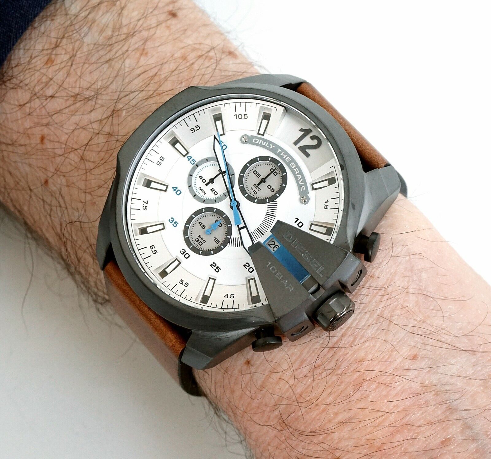 Diesel Mega Chief White Dial Brown Leather Strap Watch For Men - DZ4280