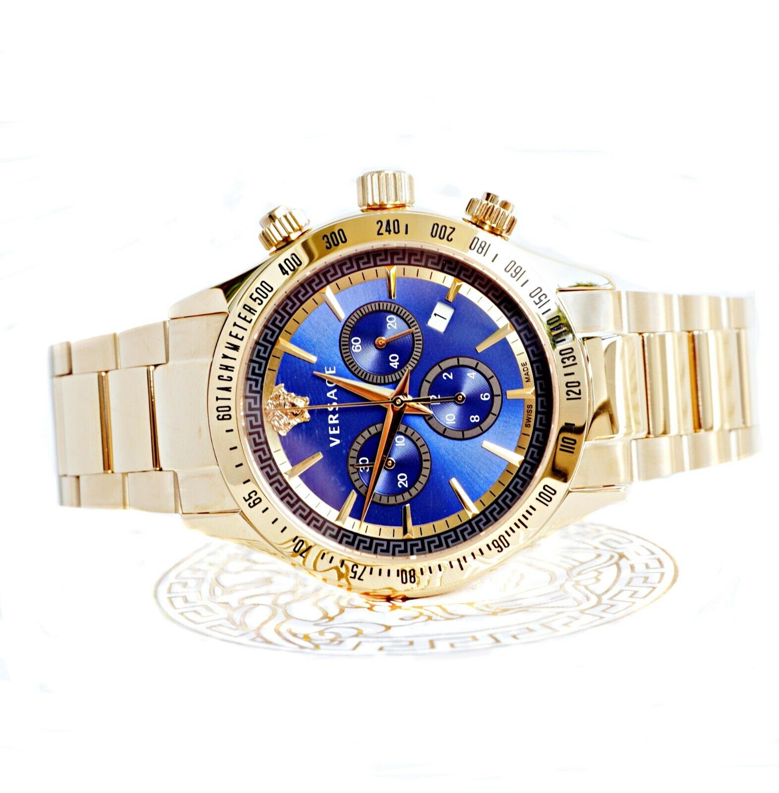  Shop Authentic Versace Classic Chronograph Quartz Blue Dial Gold Steel Strap Watch For Men - VEV700619 - Luxxuri