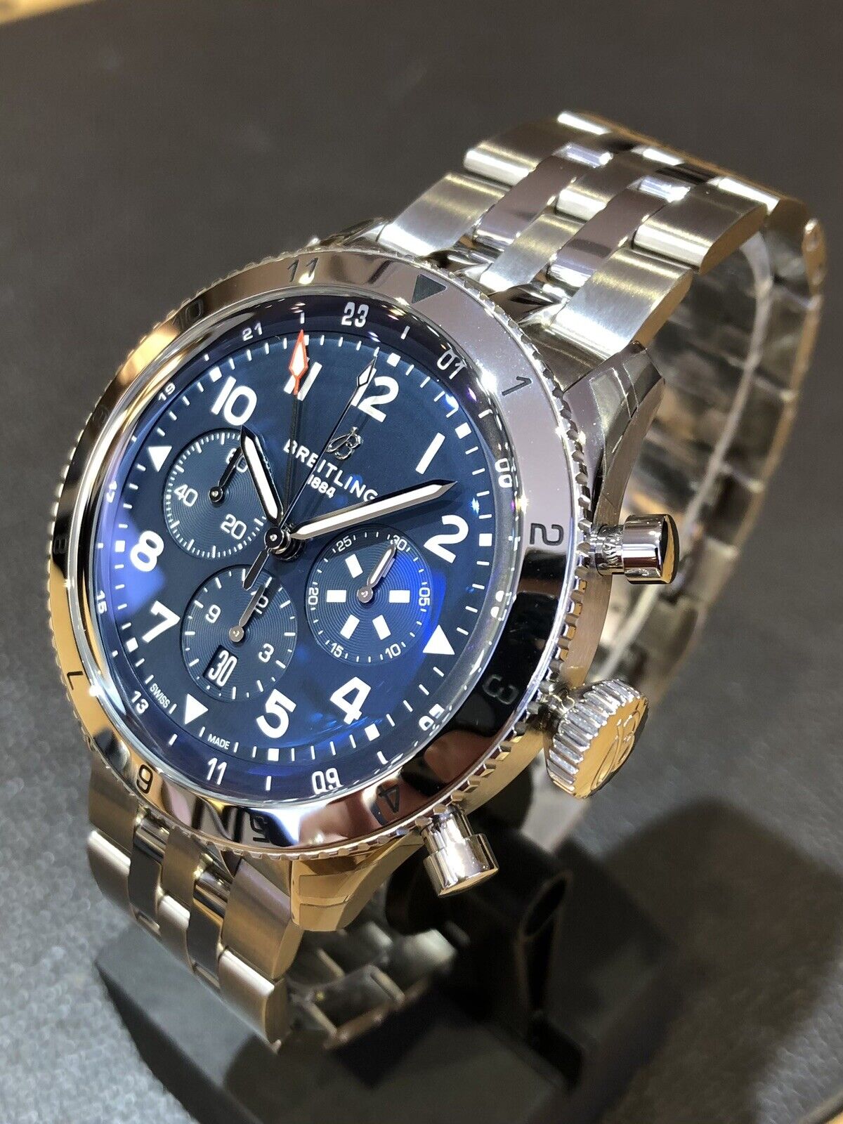  Shop Authentic Breitling Super Avi B04 Chronograph GMT 46 Tribute to Vought F4U Corsair Blue Dial Silver Steel Strap Watch for Men - AB04451A1C1A1 - Luxxuri