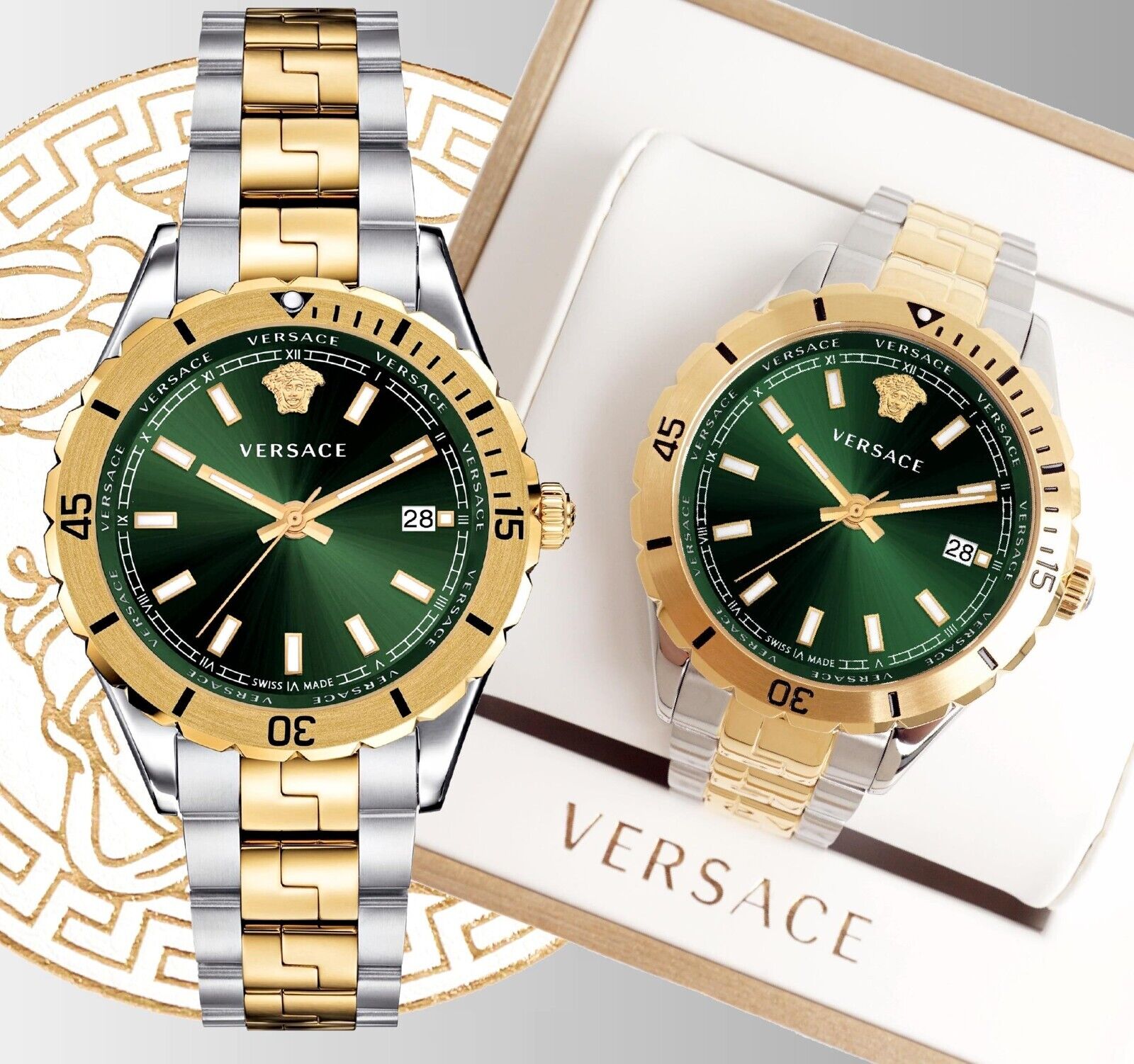  Shop Authentic Versace Hellenyium Quartz Green Dial Two Tone Steel Strap Watch For Men - VE3A00720 - Luxxuri