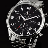  Shop Authentic Hugo Boss Aeroliner Chronograph Quartz Black Dial Silver Steel Strap Watch For Men - HB1512446 - Luxxuri