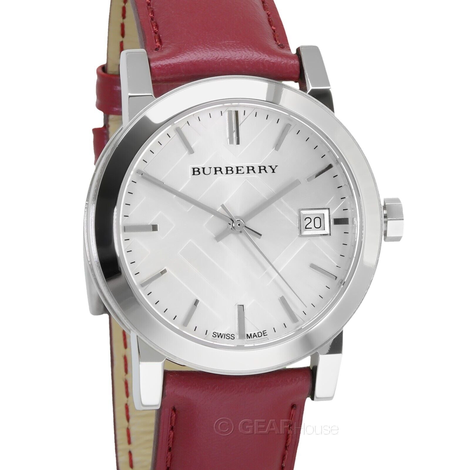  Shop Authentic Burberry The City Silver Dial Red Leather Strap Watch for Women - BU9129 - Luxxuri
