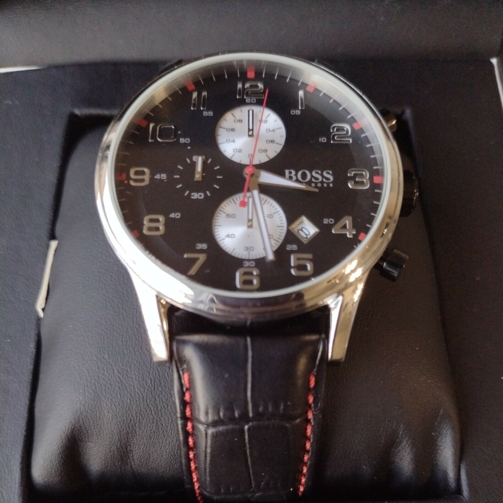 Hugo Boss Aeroliner Black Dial Black Leather Strap Watch for Men - 1512631