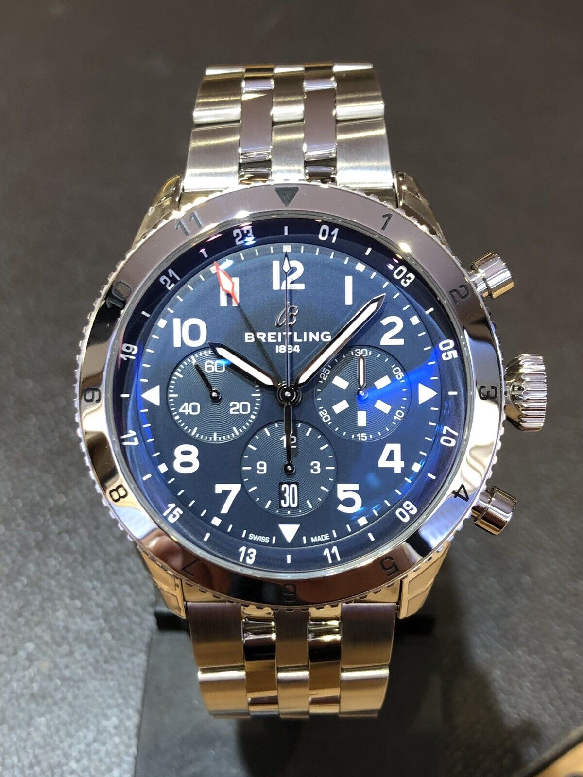  Shop Authentic Breitling Super Avi B04 Chronograph GMT 46 Tribute to Vought F4U Corsair Blue Dial Silver Steel Strap Watch for Men - AB04451A1C1A1 - Luxxuri