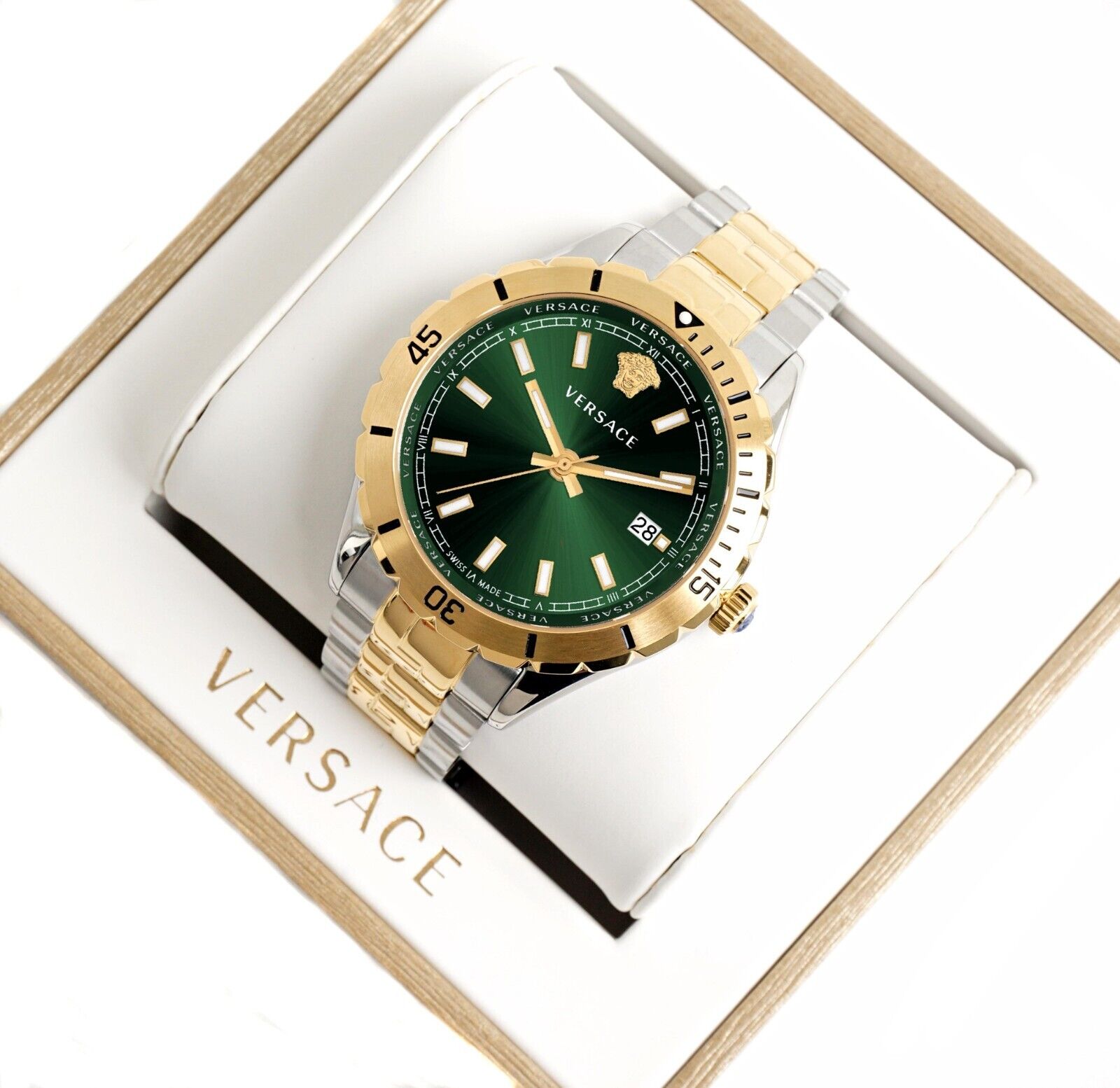  Shop Authentic Versace Hellenyium Quartz Green Dial Two Tone Steel Strap Watch For Men - VE3A00720 - Luxxuri
