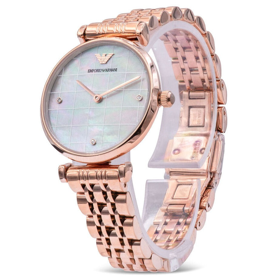  Shop Authentic Emporio Armani Gianni T Bar Quartz Mother of Pearl Dial Rose Gold Steel Strap Watch For Women - AR11385 - Luxxuri