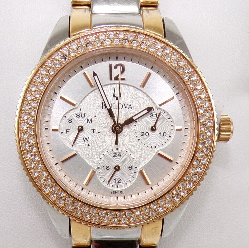  Shop Authentic Bulova Crystal Collection Silver Dial Two Tone Steel Strap Watch for Women - 98N100 - Luxxuri