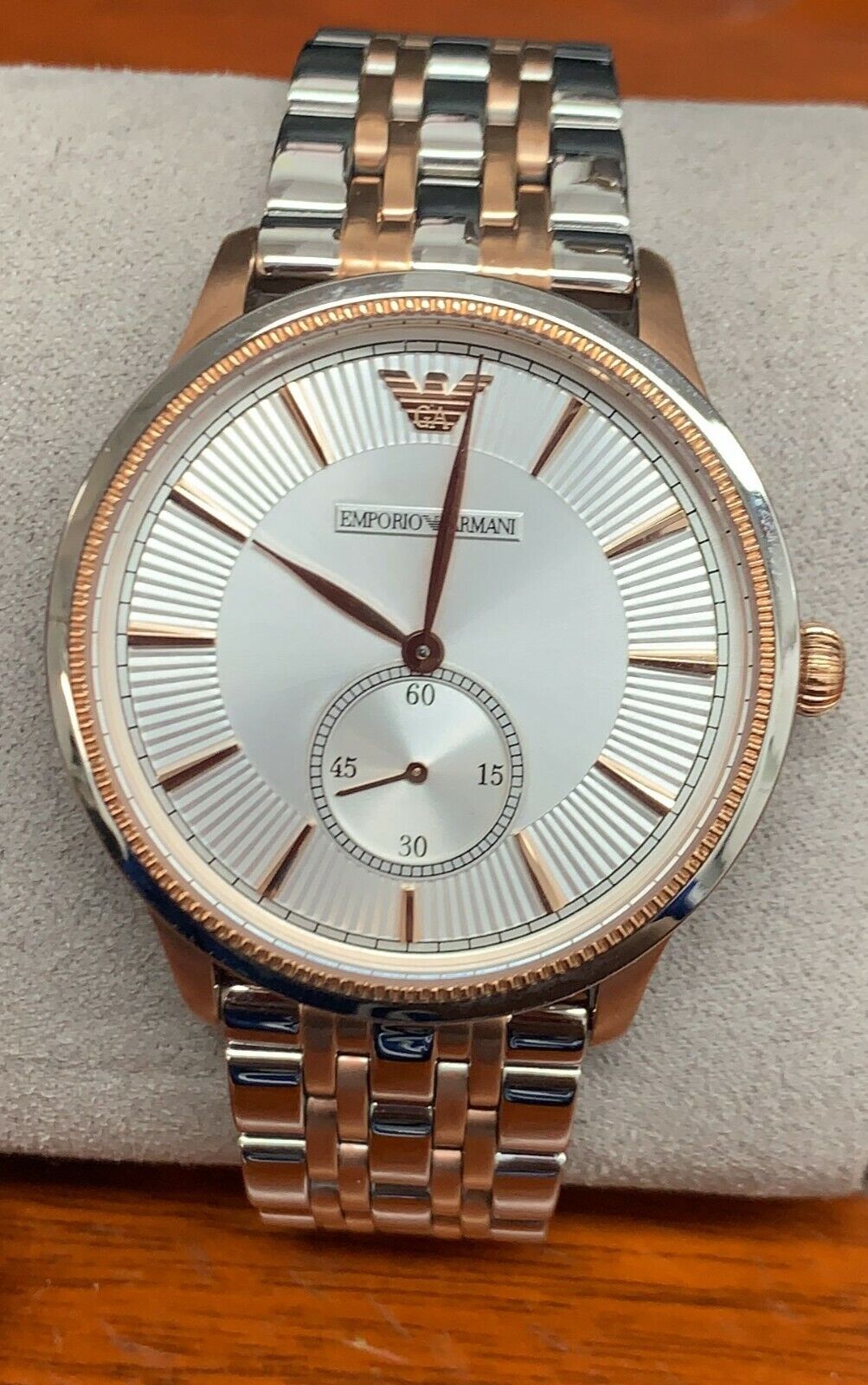  Shop Authentic Emporio Armani Classic Silver Dial Two Tone Steel Strap Watch For Men - AR1839 - Luxxuri