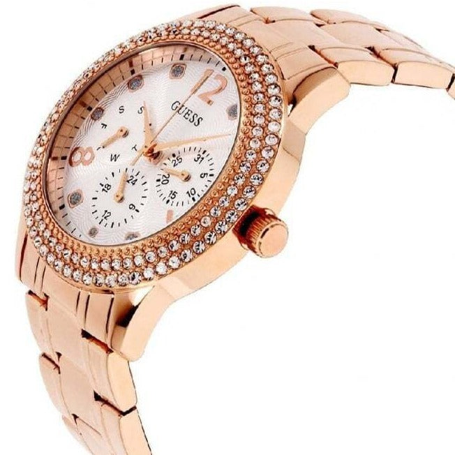  Shop Authentic Guess Bedazzle Diamonds Silver Dial Rose Gold Steel Strap Watch For Women - W1097L3 - Luxxuri