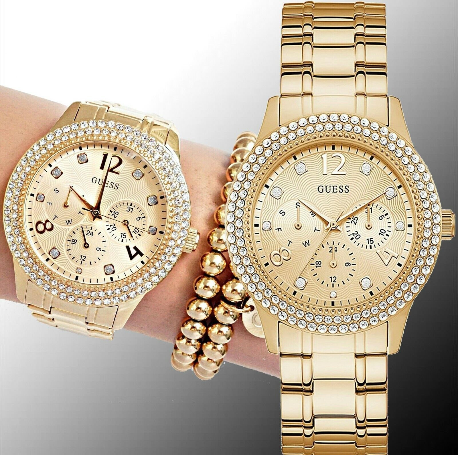  Shop Authentic Guess Bedazzle Diamonds Gold Dial Gold Steel Strap Watch For Women - W1097L2 - Luxxuri