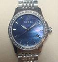  Shop Authentic Gucci G Timeless Diamonds Mother of Pearl Black Dial Silver Mesh Bracelet Watch For Women - YA126507 - Luxxuri