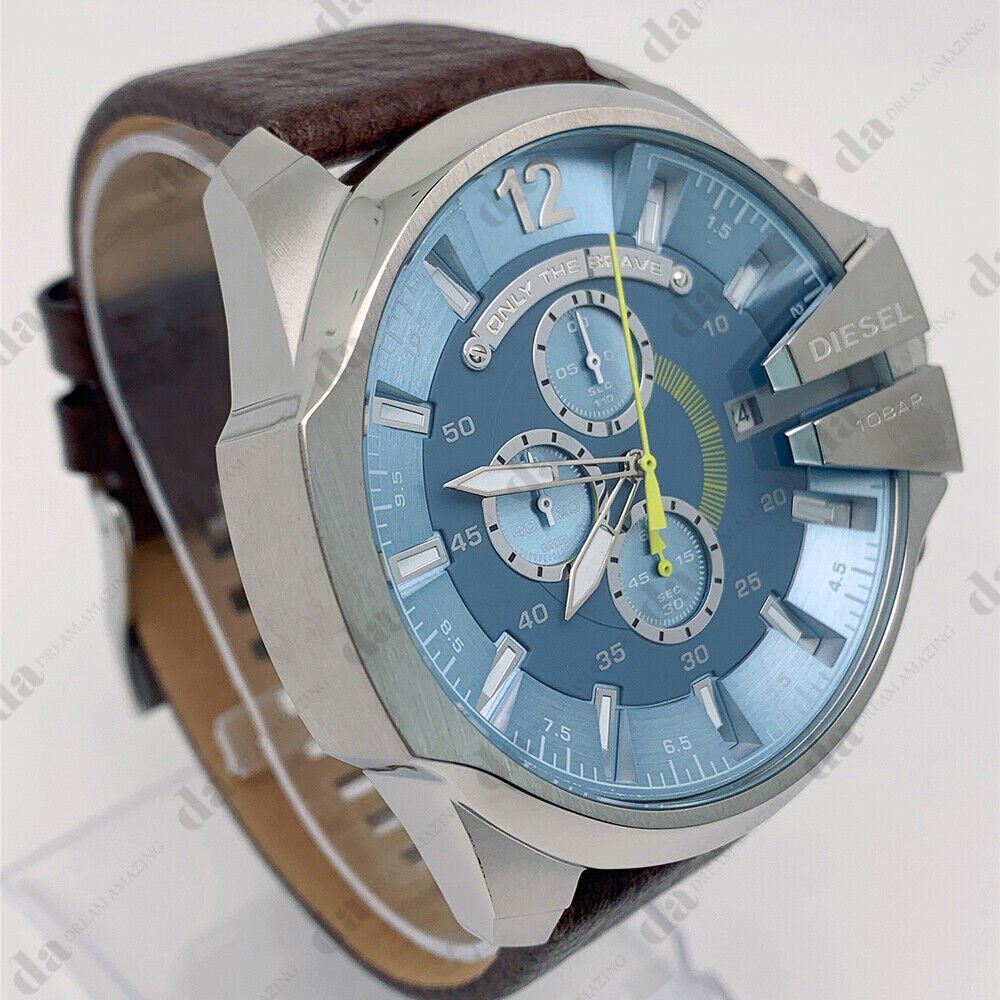 Diesel Mega Chief Light Blue Dial Brown Leather Strap Watch For Men - DZ4281