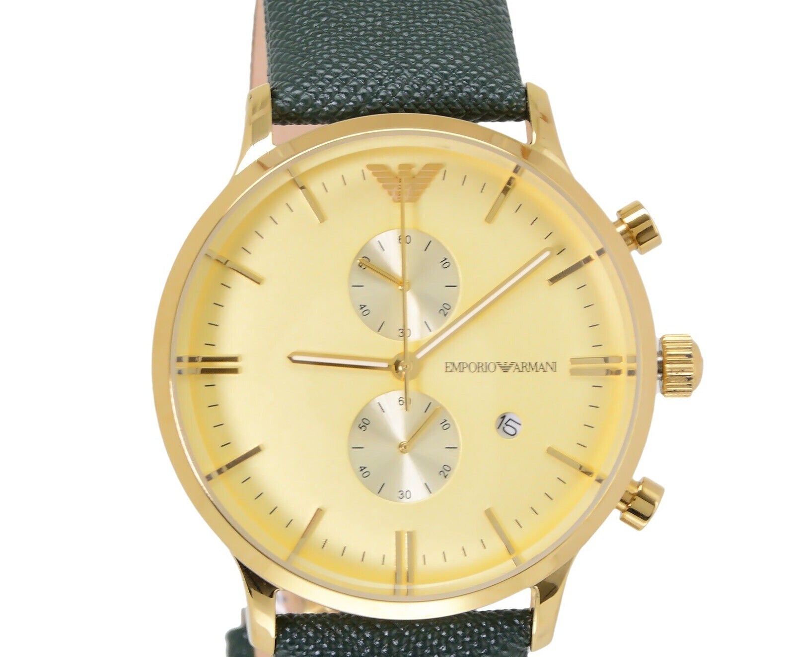  Shop Authentic Emporio Armani Chronograph Champagne Dial Green Leather Strap Watch For Men - AR1722 - Luxxuri